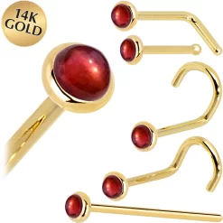 Solid 14KT Yellow Gold 2mm Red Garnet Nose Ring