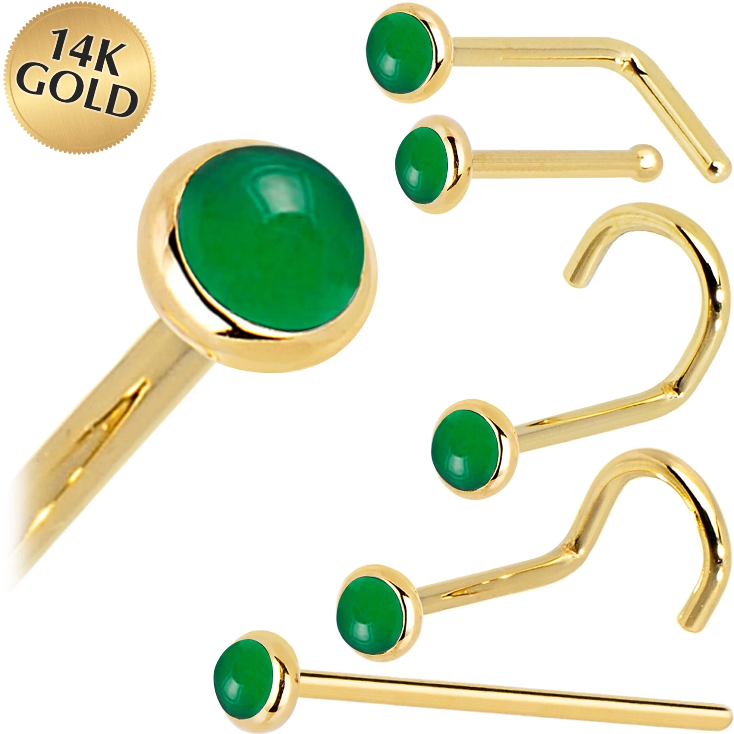 Solid 14KT Yellow Gold 2mm Jade Nose Ring 1 Solid 14KT Yellow Gold 2mm Jade Nose Ring