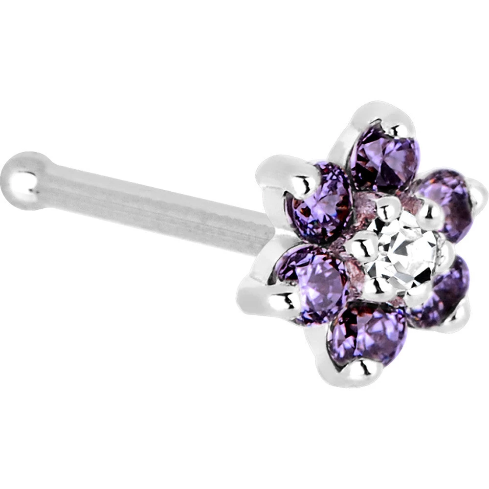 Solid 14KT White Gold Amethyst And Clear Cubic Zirconia Flower Nose Ring 2 Solid 14KT White Gold Amethyst And Clear Cubic Zirconia Flower Nose Ring - Image 2