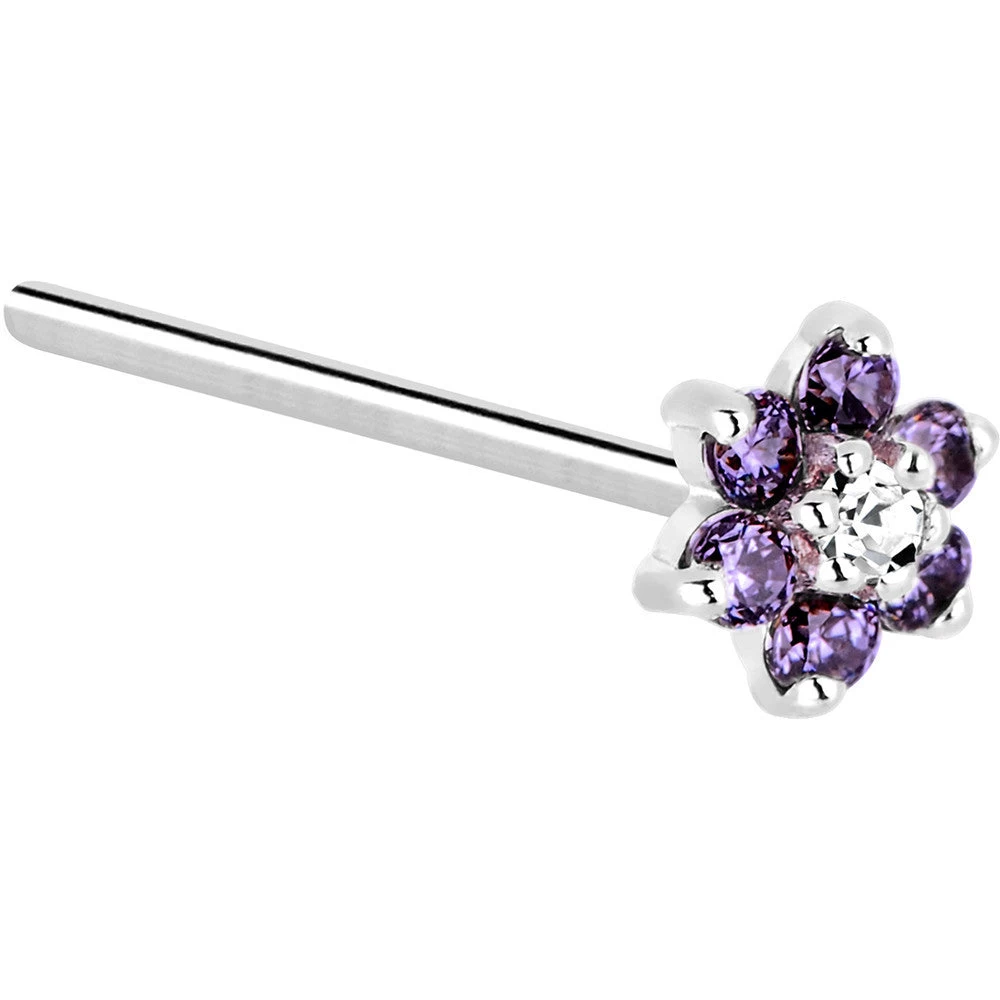 Solid 14KT White Gold Amethyst And Clear Cubic Zirconia Flower Nose Ring 3 Solid 14KT White Gold Amethyst And Clear Cubic Zirconia Flower Nose Ring - Image 3
