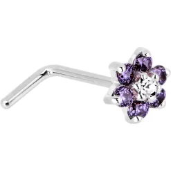 Solid 14KT White Gold Amethyst And Clear Cubic Zirconia Flower Nose Ring 11 Solid 14KT White Gold Amethyst And Clear Cubic Zirconia Flower Nose Ring -Body Jewelry Store G 2932 20L