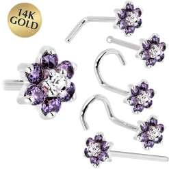 Solid 14KT White Gold Amethyst And Clear Cubic Zirconia Flower Nose Ring
