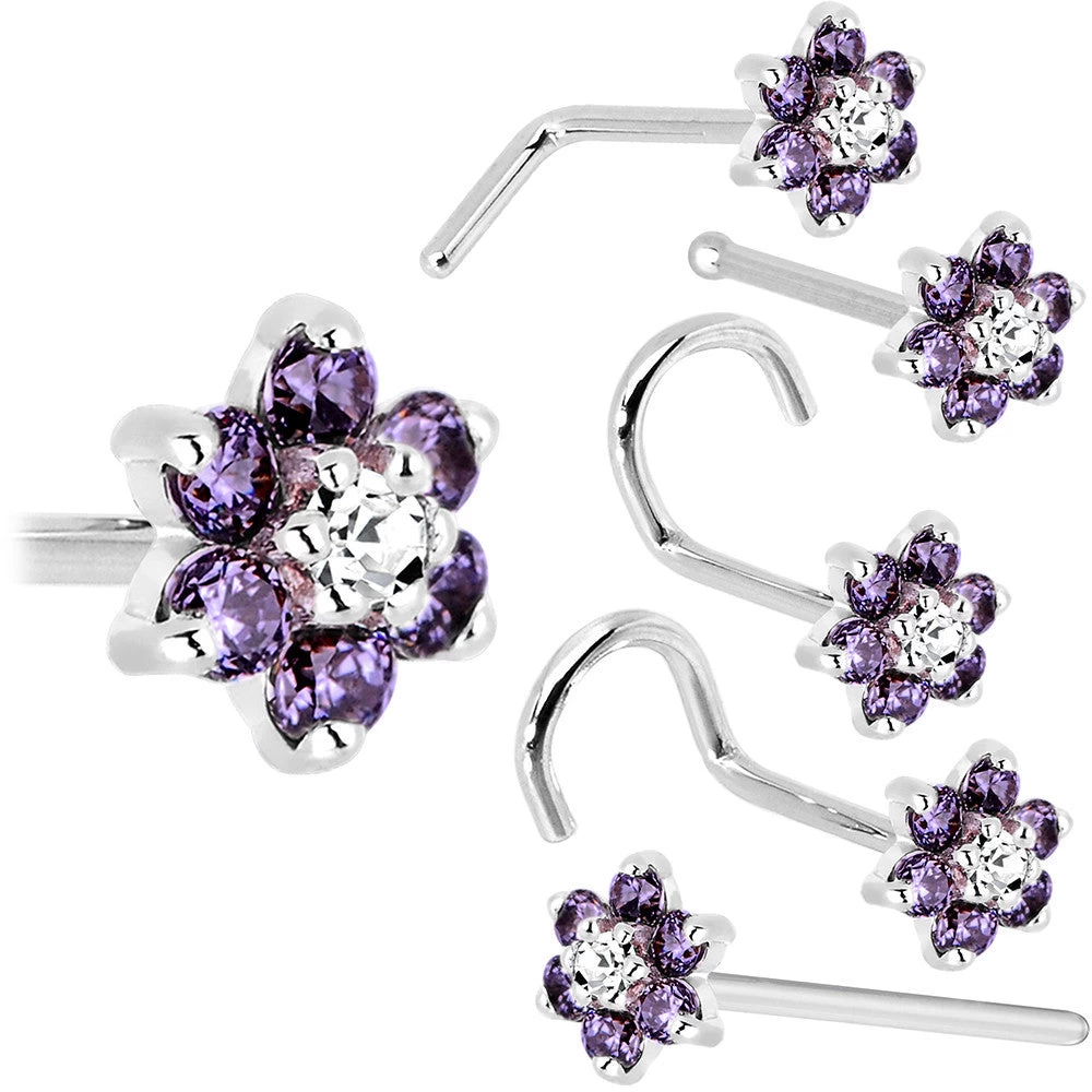 Solid 14KT White Gold Amethyst And Clear Cubic Zirconia Flower Nose Ring 8 Solid 14KT White Gold Amethyst And Clear Cubic Zirconia Flower Nose Ring - Image 8