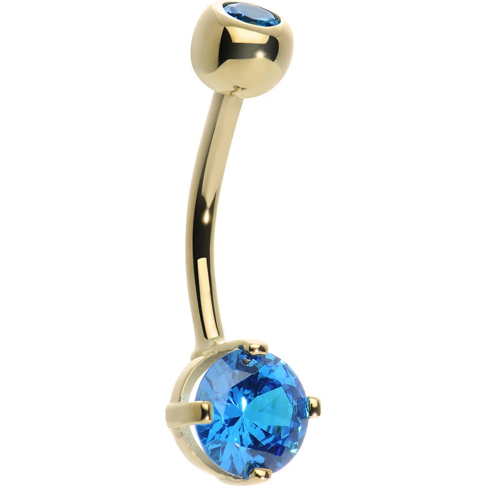 14KT Yellow Gold Blue Topaz Round 6mm Cubic Zirconia Belly Ring 1 14KT Yellow Gold Blue Topaz Round 6mm Cubic Zirconia Belly Ring
