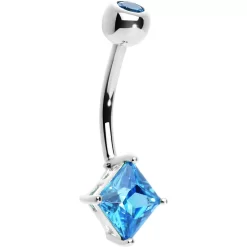 14KT White Gold Blue Topaz Princess 6mm Cubic Zirconia Belly Ring