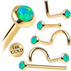 14kt Yellow Gold 2mm Lime Synthetic Opal Nose Ring