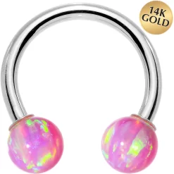 14 Gauge Solid 14KT White Gold Pink Synthetic Opal Horseshoe Barbell