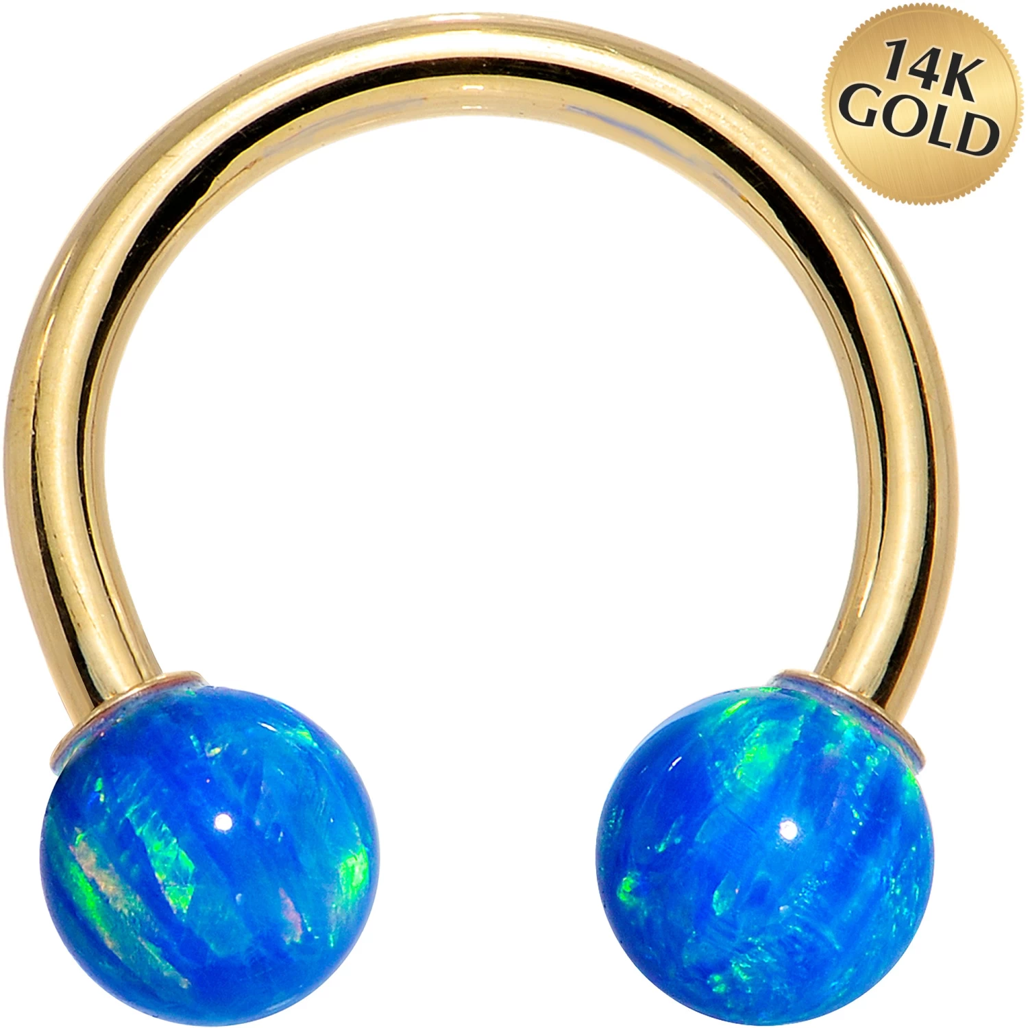 14 Gauge Solid 14KT Yellow Gold Blue Synthetic Opal Horseshoe Barbell 1 14 Gauge Solid 14KT Yellow Gold Blue Synthetic Opal Horseshoe Barbell