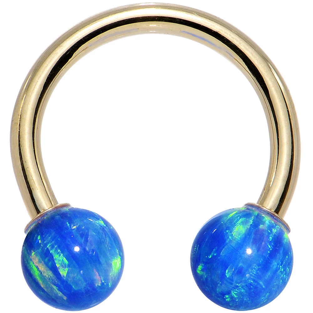 14 Gauge Solid 14KT Yellow Gold Blue Synthetic Opal Horseshoe Barbell 2 14 Gauge Solid 14KT Yellow Gold Blue Synthetic Opal Horseshoe Barbell - Image 2