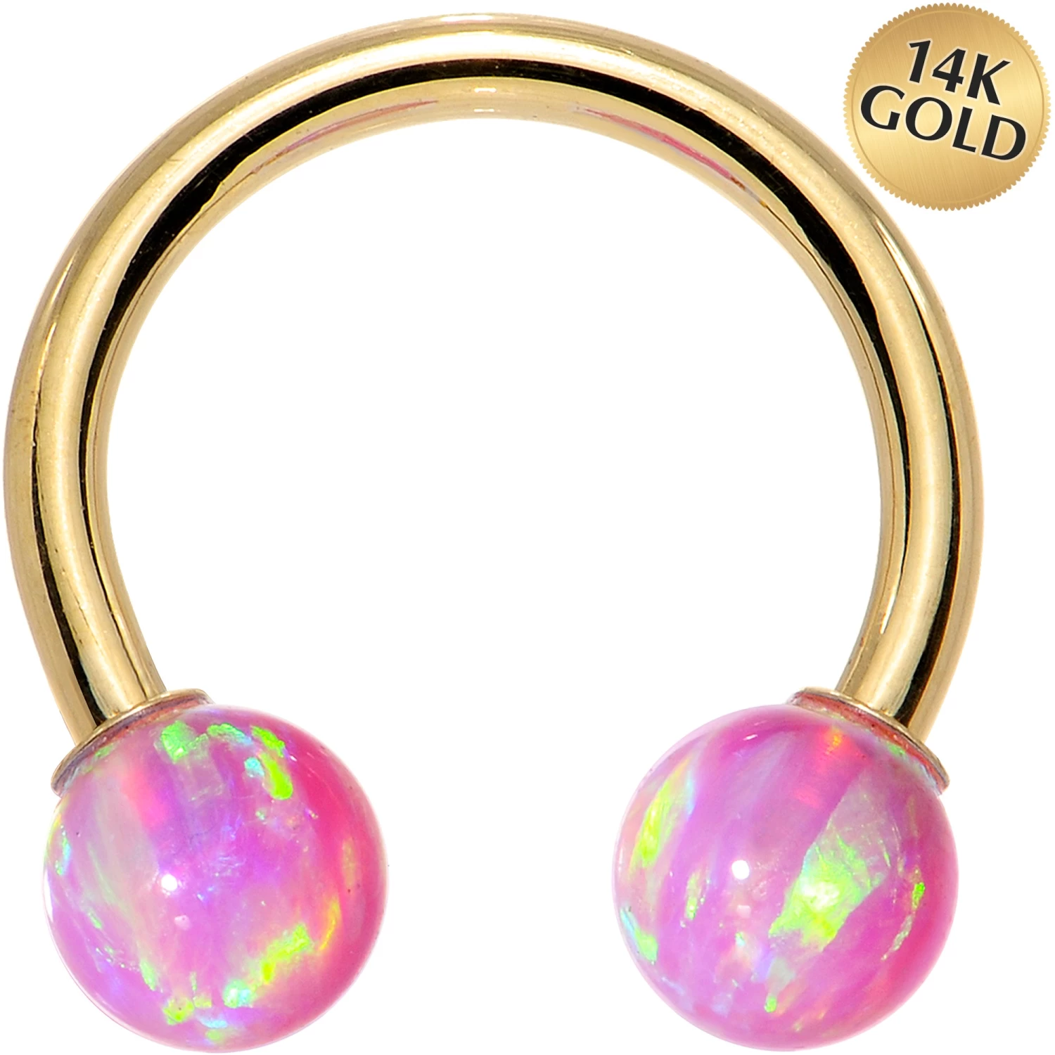 14 Gauge Solid 14KT Yellow Gold Pink Synthetic Opal Horseshoe Barbell 1 14 Gauge Solid 14KT Yellow Gold Pink Synthetic Opal Horseshoe Barbell