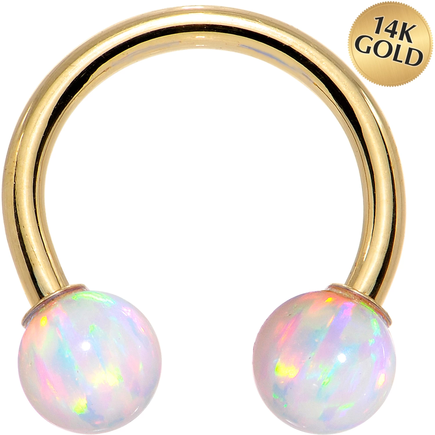 14 Gauge Solid 14KT Yellow Gold White Synthetic Opal Horseshoe Barbell 1 14 Gauge Solid 14KT Yellow Gold White Synthetic Opal Horseshoe Barbell