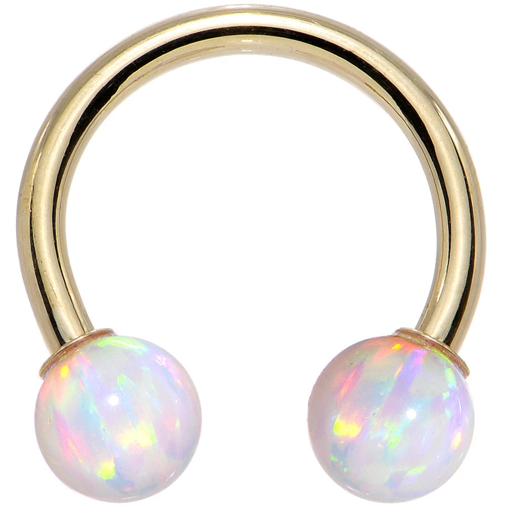 14 Gauge Solid 14KT Yellow Gold White Synthetic Opal Horseshoe Barbell 2 14 Gauge Solid 14KT Yellow Gold White Synthetic Opal Horseshoe Barbell - Image 2