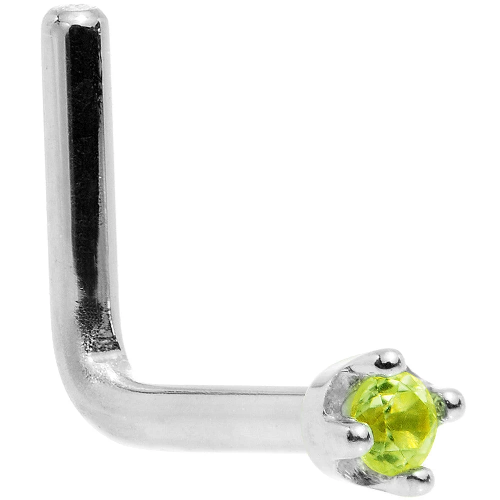 Solid 14KT White Gold (August) 1.5mm Genuine Peridot Nose Ring 8 Solid 14KT White Gold (August) 1.5mm Genuine Peridot Nose Ring - Image 8
