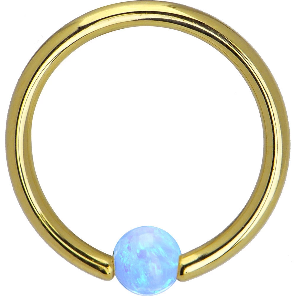 14 Gauge 3/8 Solid 14KT Gold Light Blue Synthetic Opal Captive Ring 2 14 Gauge 3/8 Solid 14KT Gold Light Blue Synthetic Opal Captive Ring - Image 2