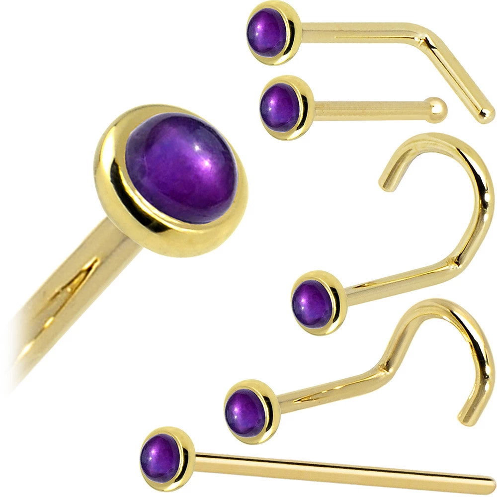 Solid 14KT Yellow Gold (February) 2mm Genuine Amethyst Nose Ring 8 Solid 14KT Yellow Gold (February) 2mm Genuine Amethyst Nose Ring - Image 8