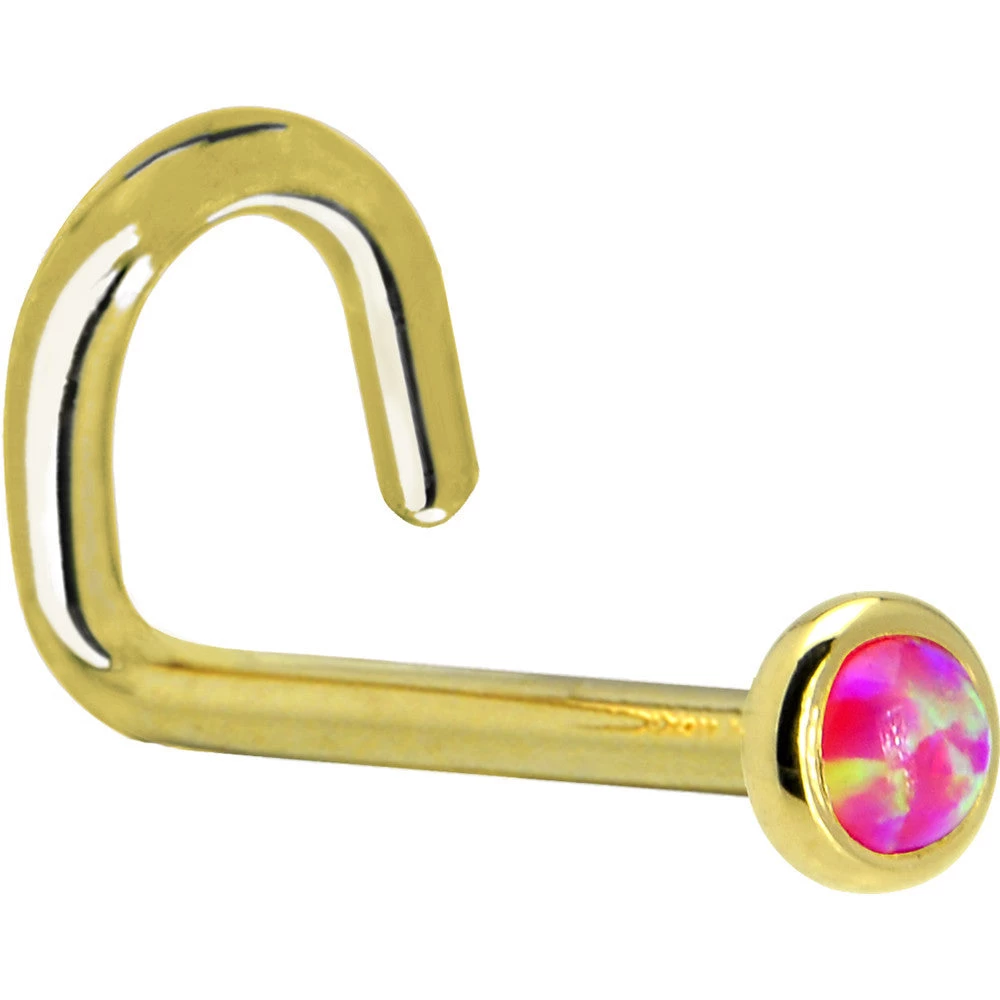 Solid 14KT Yellow Gold 2mm Brilliant Pink Synthetic Opal Nose Ring 5 Solid 14KT Yellow Gold 2mm Brilliant Pink Synthetic Opal Nose Ring - Image 5