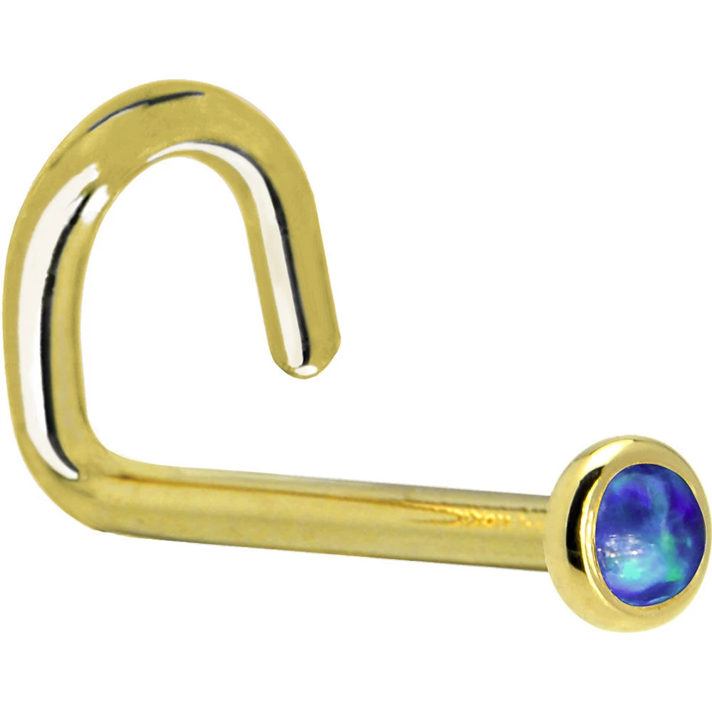 Solid 14KT Yellow Gold 2mm Dark Blue Synthetic Opal Nose Ring 5 Solid 14KT Yellow Gold 2mm Dark Blue Synthetic Opal Nose Ring - Image 5