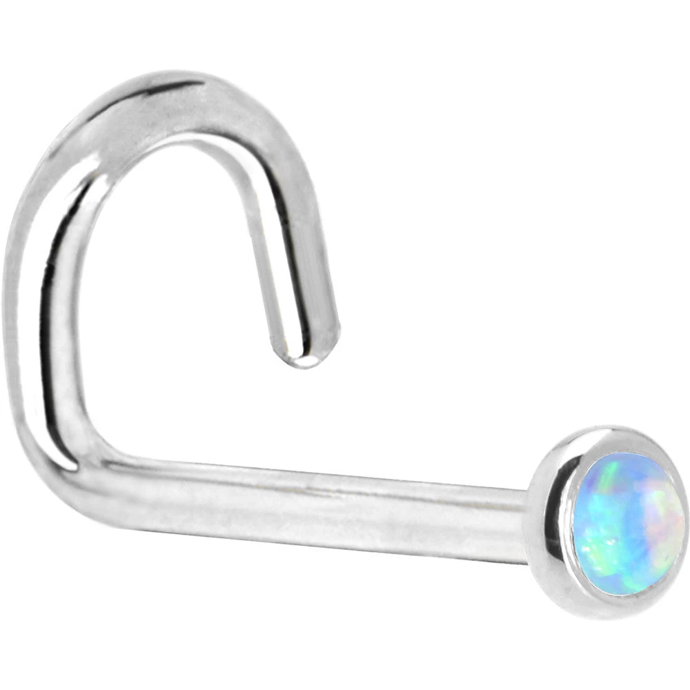 Solid 14KT White Gold 2mm Light Blue Synthetic Opal Nose Ring 5 Solid 14KT White Gold 2mm Light Blue Synthetic Opal Nose Ring - Image 5