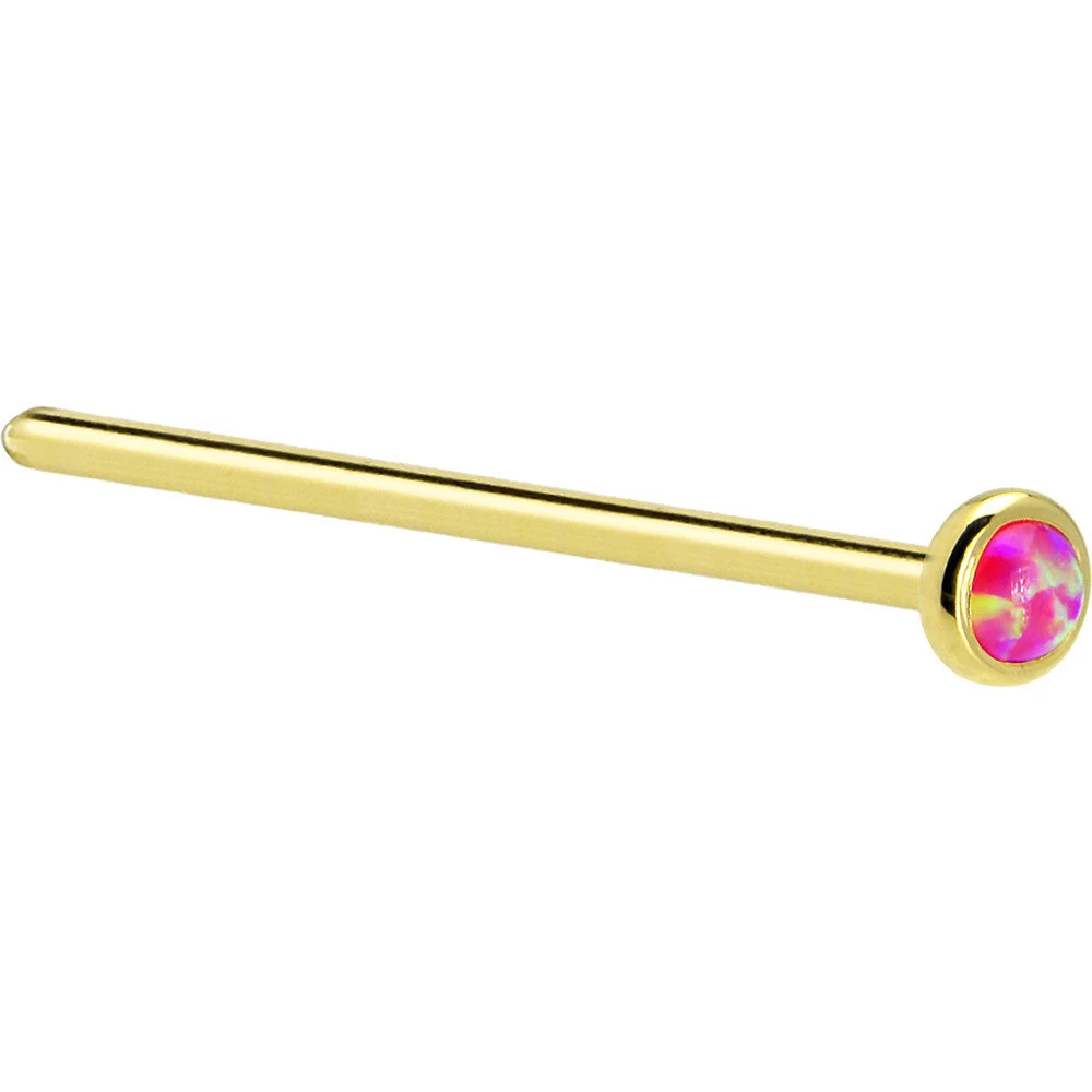 Solid 14KT Yellow Gold 2mm Brilliant Pink Synthetic Opal Nose Ring 6 Solid 14KT Yellow Gold 2mm Brilliant Pink Synthetic Opal Nose Ring - Image 6