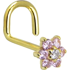 Solid 14KT Yellow Gold Pink And Clear Cubic Zirconia Flower Nose Ring 9 Solid 14KT Yellow Gold Pink And Clear Cubic Zirconia Flower Nose Ring -Body Jewelry Store G 742