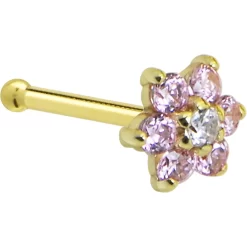 Solid 14KT Yellow Gold Pink And Clear Cubic Zirconia Flower Nose Ring 10 Solid 14KT Yellow Gold Pink And Clear Cubic Zirconia Flower Nose Ring -Body Jewelry Store G 743