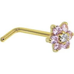 Solid 14KT Yellow Gold Pink And Clear Cubic Zirconia Flower Nose Ring 11 Solid 14KT Yellow Gold Pink And Clear Cubic Zirconia Flower Nose Ring -Body Jewelry Store G 744