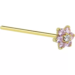 Solid 14KT Yellow Gold Pink And Clear Cubic Zirconia Flower Nose Ring 12 Solid 14KT Yellow Gold Pink And Clear Cubic Zirconia Flower Nose Ring -Body Jewelry Store G 745