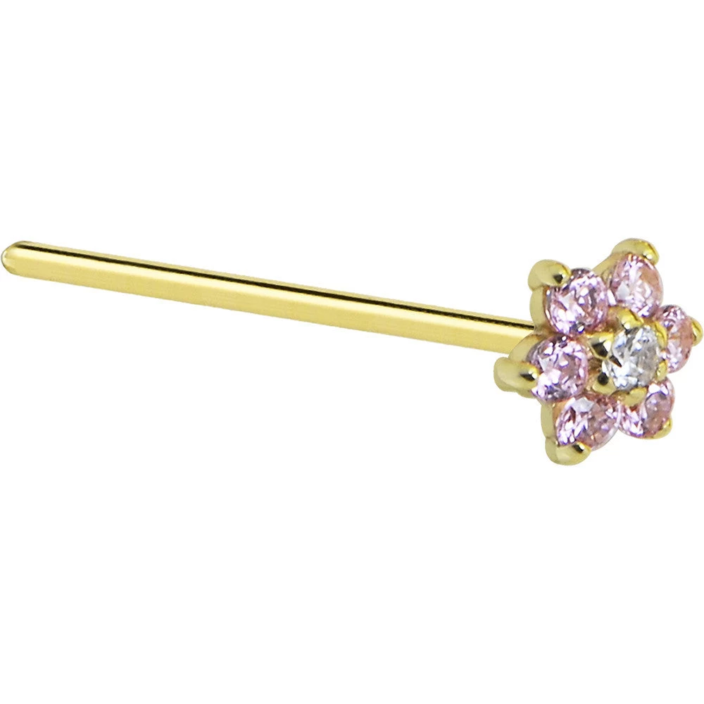 Solid 14KT Yellow Gold Pink And Clear Cubic Zirconia Flower Nose Ring 6 Solid 14KT Yellow Gold Pink And Clear Cubic Zirconia Flower Nose Ring - Image 6