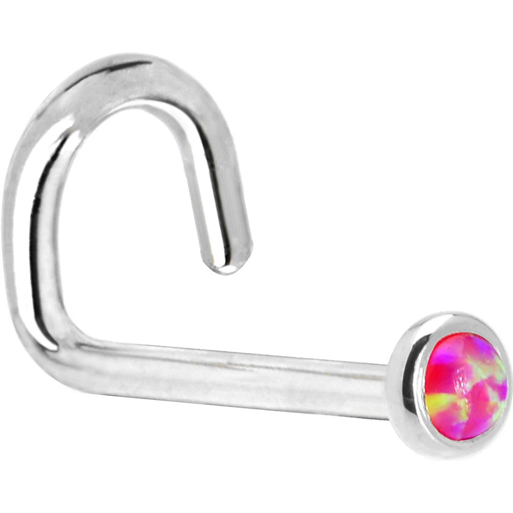 Solid 14KT White Gold 2mm Brilliant Pink Synthetic Opal Nose Ring 6 Solid 14KT White Gold 2mm Brilliant Pink Synthetic Opal Nose Ring - Image 6