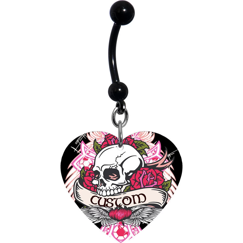Custom Pink Heart Rose Flower Skull Personalized Name Dangle Belly Ring 1 Custom Pink Heart Rose Flower Skull Personalized Name Dangle Belly Ring