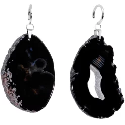 Handcrafted Steel Midnight Shadow Gap Natural Black Agate Ear Weights