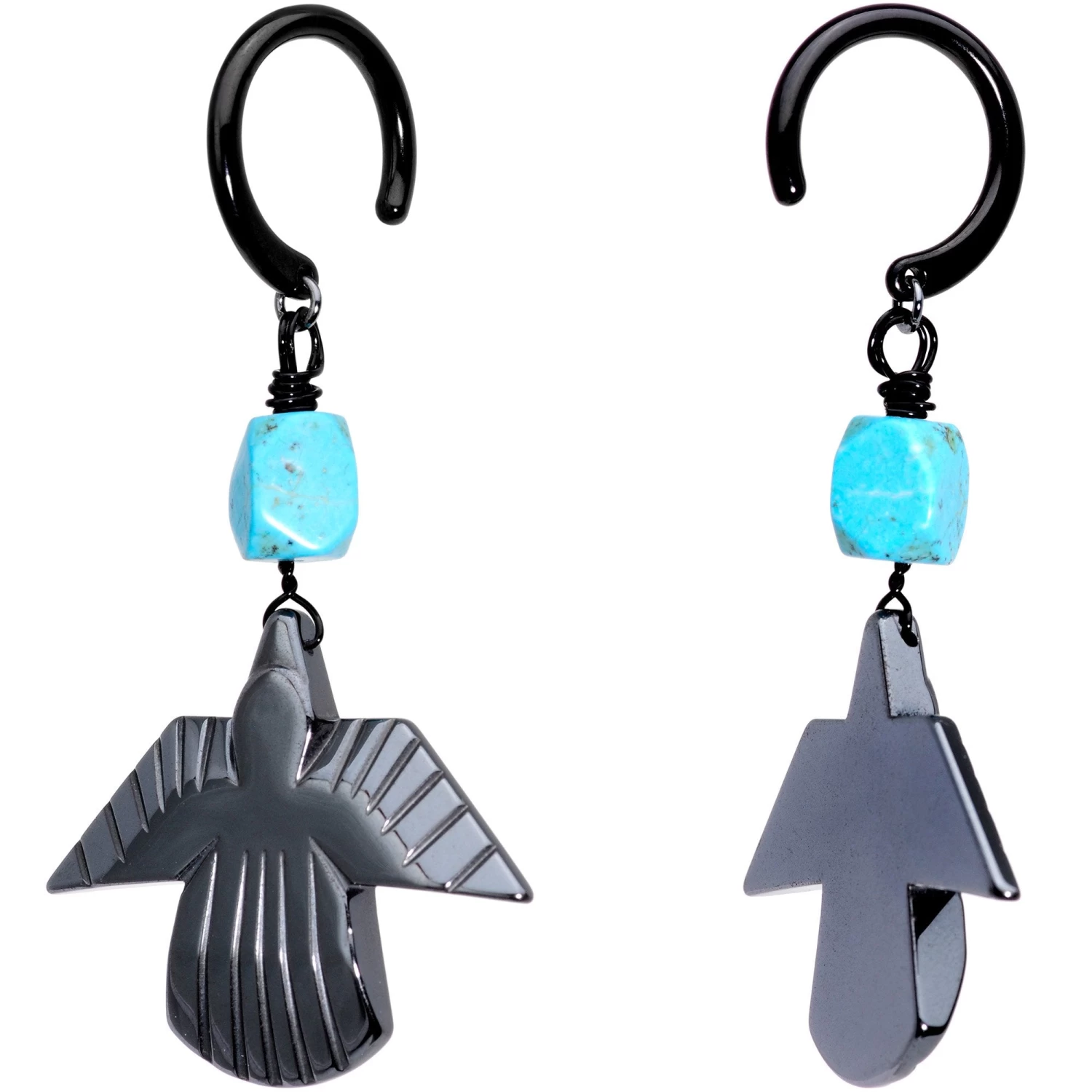 Handcrafted Black Plated Natural Turquoise Thunderbird Ear Weights 2 Handcrafted Black Plated Natural Turquoise Thunderbird Ear Weights - Image 2