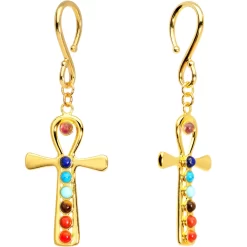 Body Jewelry Store 3 Handcrafted Gold Plated Balanced Life Chakra Ankh Ear Weights