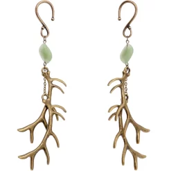 Handcrafted Antique Brass Plated Green Aventurine Antler Ear Weights