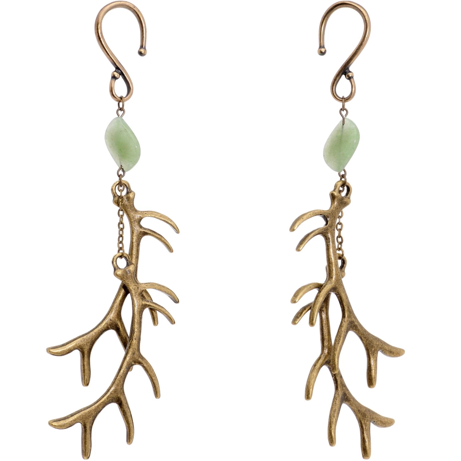 Handcrafted Antique Brass Plated Green Aventurine Antler Ear Weights 1 Handcrafted Antique Brass Plated Green Aventurine Antler Ear Weights
