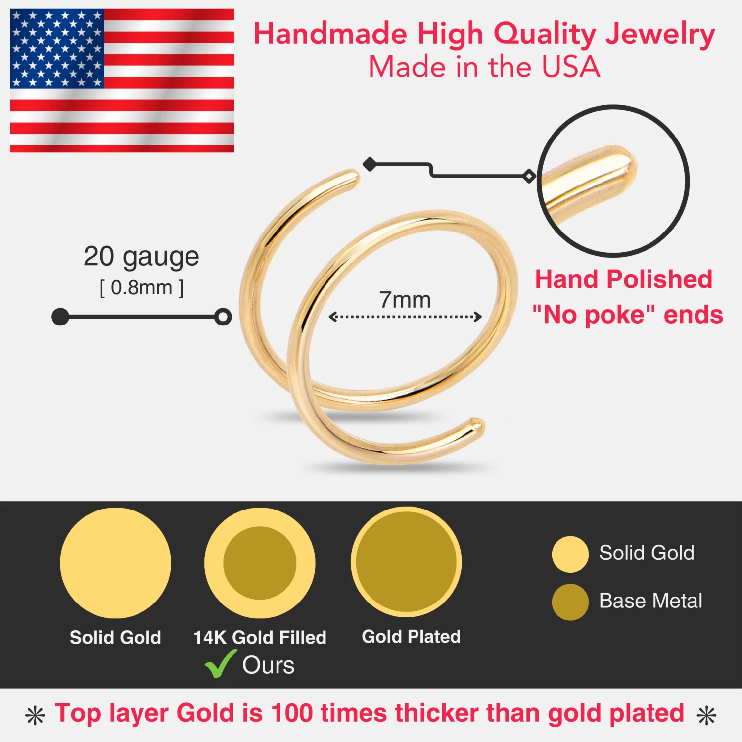 3Pack Double Hoop Nose 14k Gold Filled And 925 Silver Spiral Nose Rings 20 Gauge 8mm Right 5 3Pack Double Hoop Nose 14k Gold Filled And 925 Silver Spiral Nose Rings 20 Gauge 8mm Right - Image 5