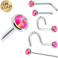 Solid 14KT White Gold 2mm Brilliant Pink Synthetic Opal Nose Ring