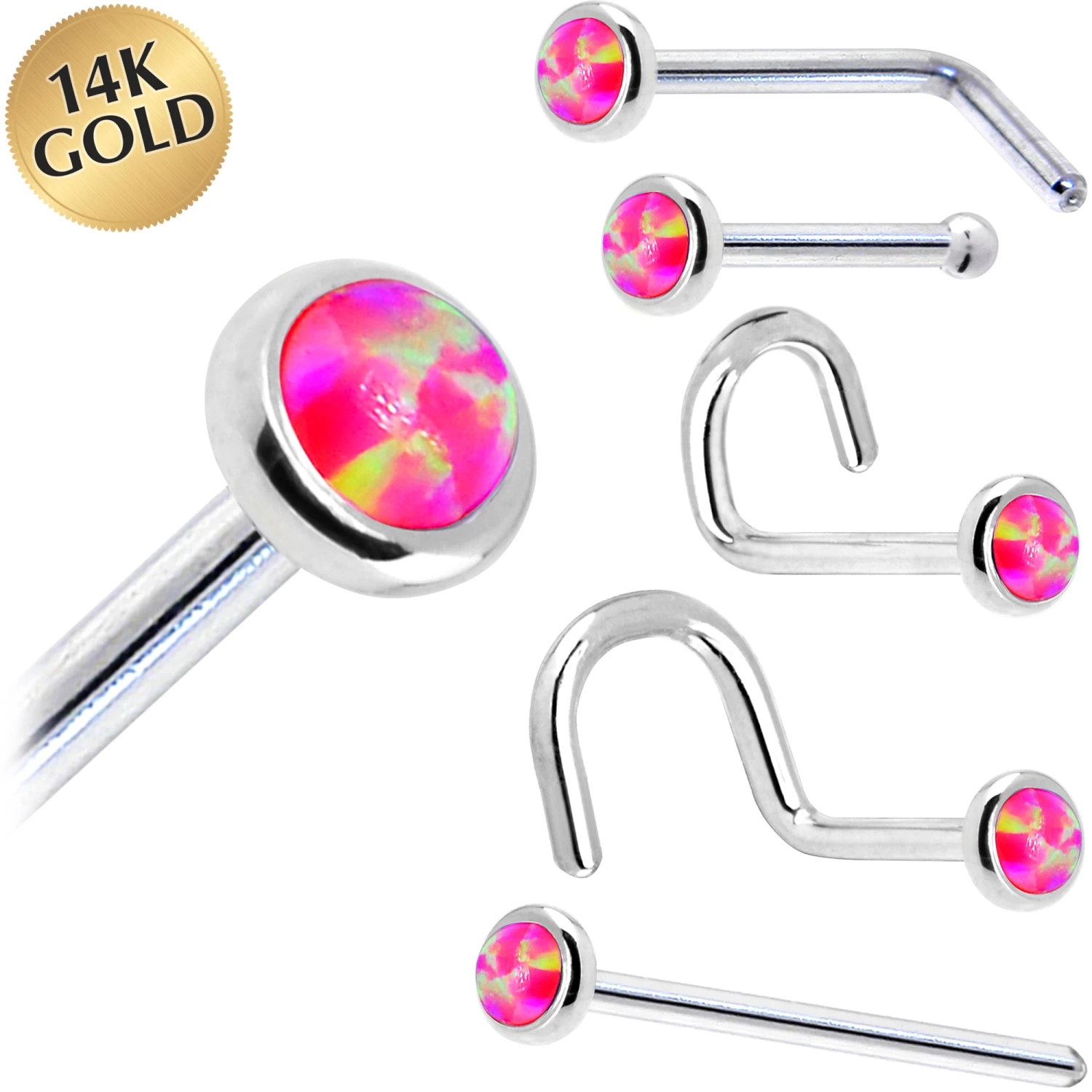 Solid 14KT White Gold 2mm Brilliant Pink Synthetic Opal Nose Ring 1 Solid 14KT White Gold 2mm Brilliant Pink Synthetic Opal Nose Ring