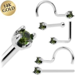 Solid 14KT White Gold (May) 1.5mm Genuine Green Diamond Nose Ring