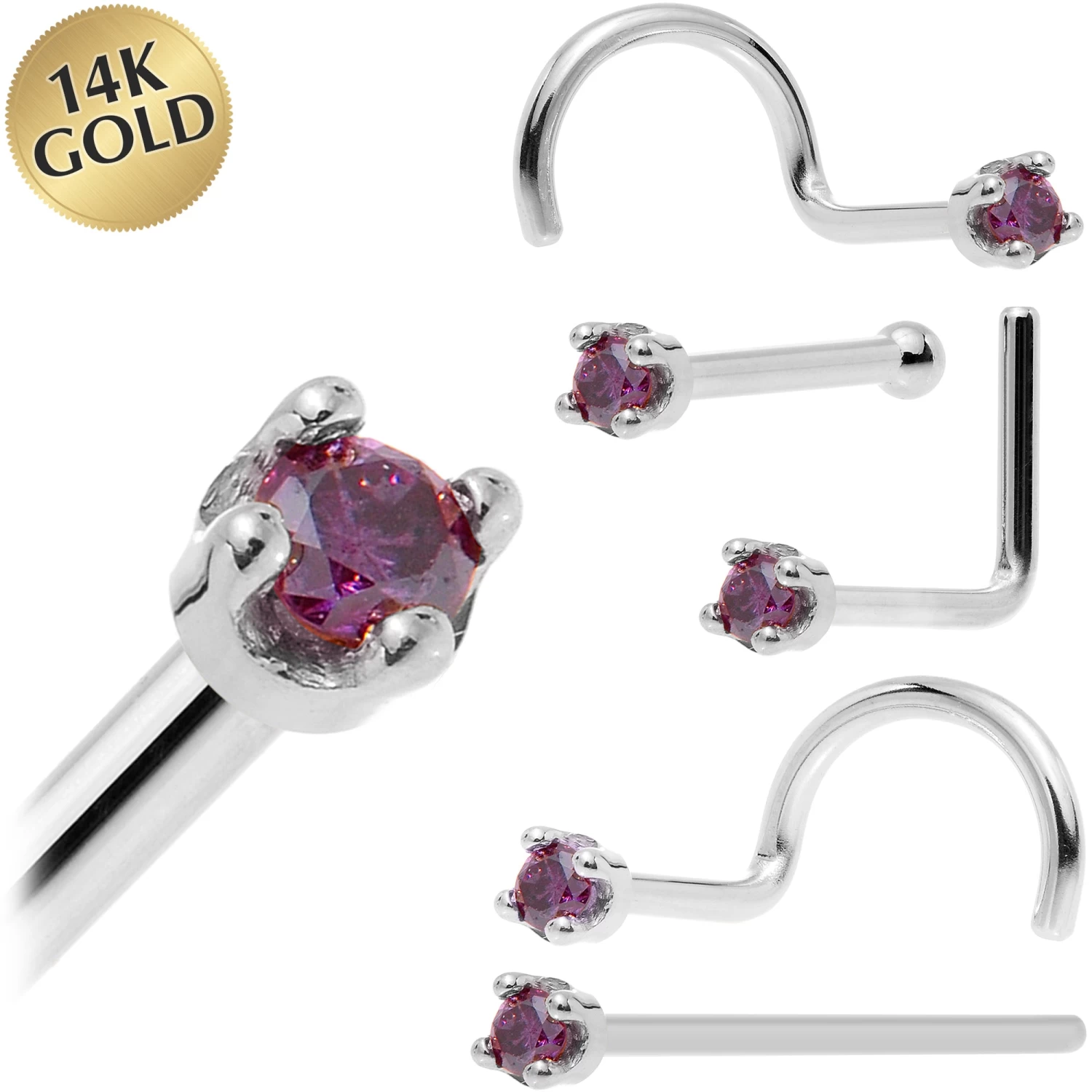 Solid 14KT White Gold (February) 1.5mm Genuine Purple Diamond Nose Ring 1 Solid 14KT White Gold (February) 1.5mm Genuine Purple Diamond Nose Ring