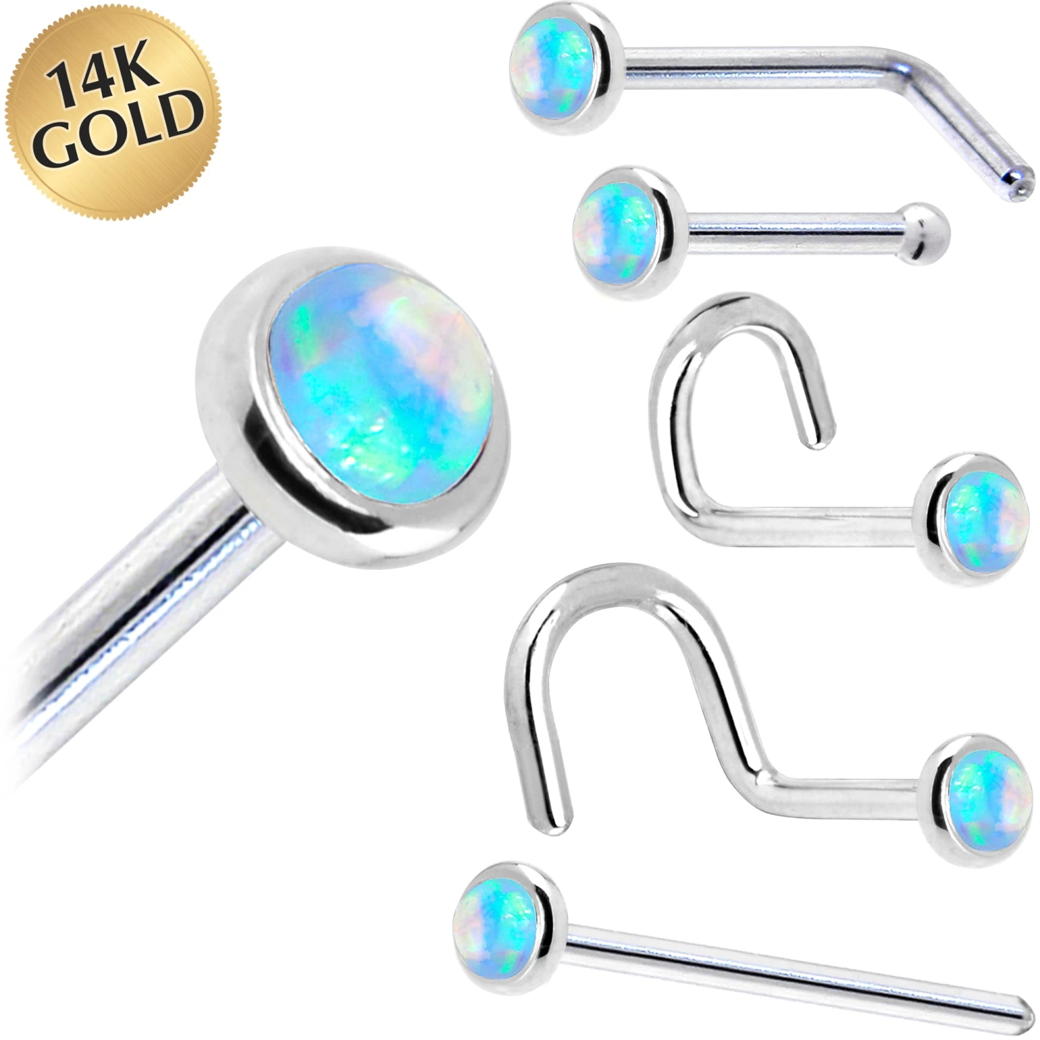 Solid 14KT White Gold 2mm Light Blue Synthetic Opal Nose Ring 1 Solid 14KT White Gold 2mm Light Blue Synthetic Opal Nose Ring