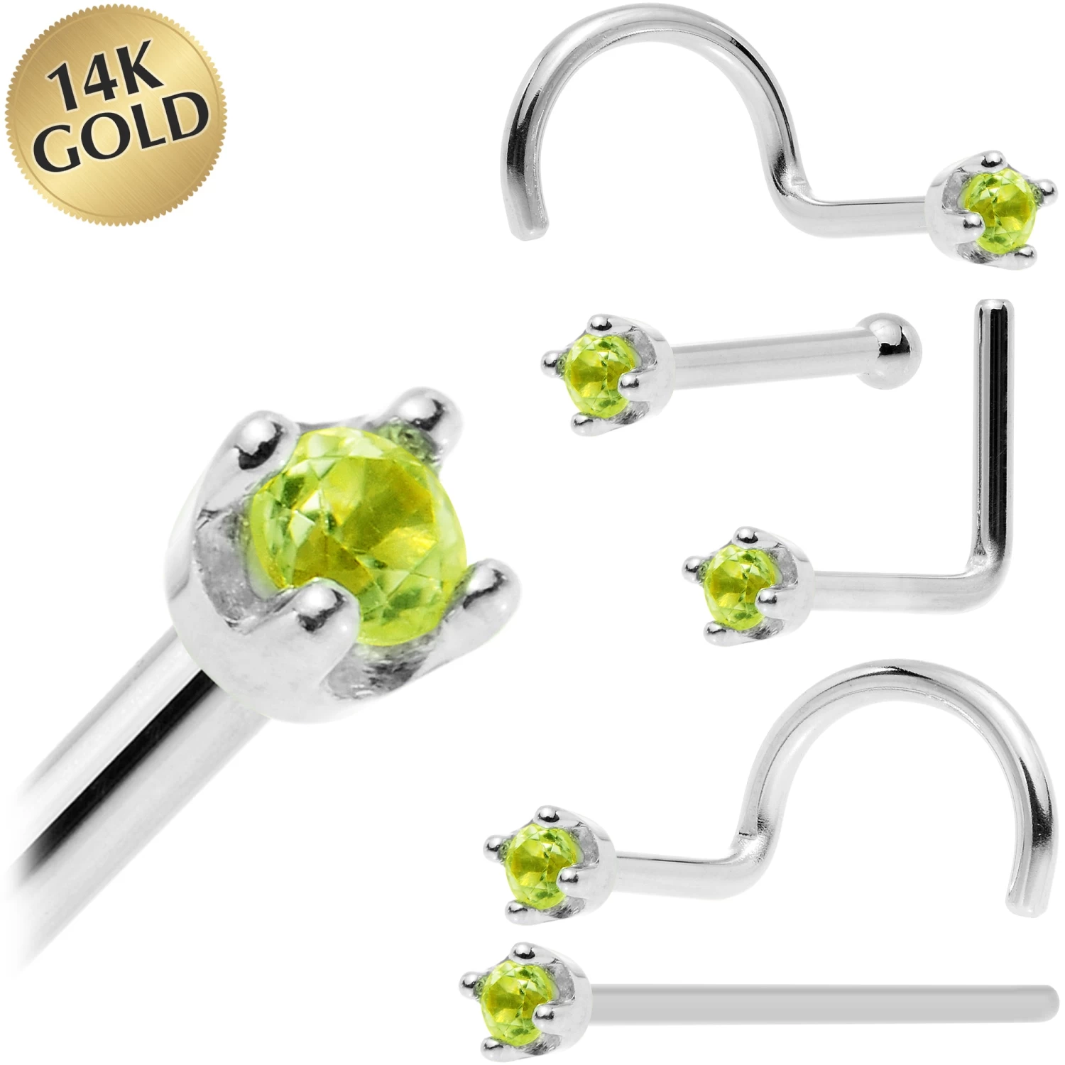 Solid 14KT White Gold (August) 1.5mm Genuine Peridot Nose Ring 1 Solid 14KT White Gold (August) 1.5mm Genuine Peridot Nose Ring