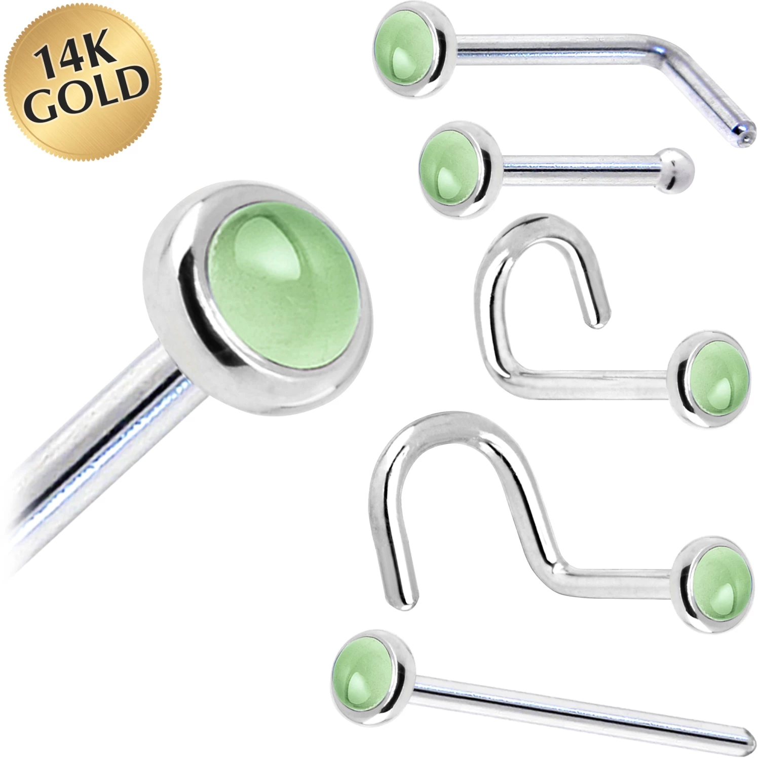 Solid 14KT White Gold (August) 2mm Genuine Peridot Nose Ring 1 Solid 14KT White Gold (August) 2mm Genuine Peridot Nose Ring