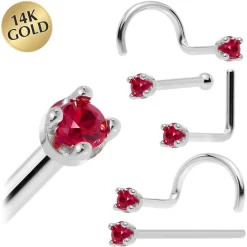 Solid 14KT White Gold 1.5mm Diamond Cut Genuine Ruby Nose Ring