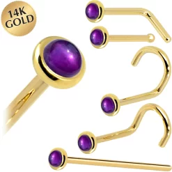 Solid 14KT Yellow Gold (February) 2mm Genuine Amethyst Nose Ring