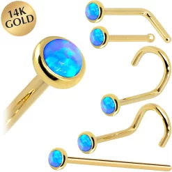 Solid 14KT Yellow Gold 2mm Blue Synthetic Opal Nose Ring
