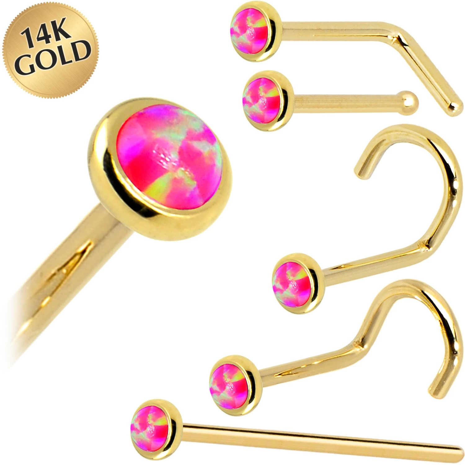 Solid 14KT Yellow Gold 2mm Brilliant Pink Synthetic Opal Nose Ring 1 Solid 14KT Yellow Gold 2mm Brilliant Pink Synthetic Opal Nose Ring
