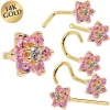 Solid 14KT Yellow Gold Pink And Clear Cubic Zirconia Flower Nose Ring