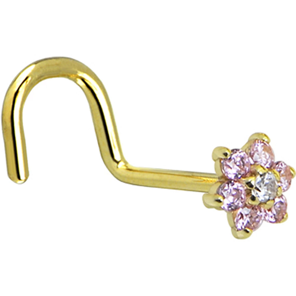 Solid 14KT Yellow Gold Pink And Clear Cubic Zirconia Flower Nose Ring 2 Solid 14KT Yellow Gold Pink And Clear Cubic Zirconia Flower Nose Ring - Image 2