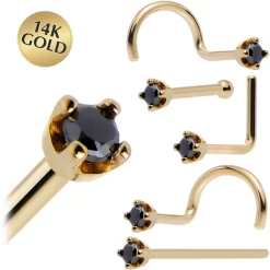 Solid 14KT Yellow Gold 1.5mm Genuine Black Diamond Nose Ring